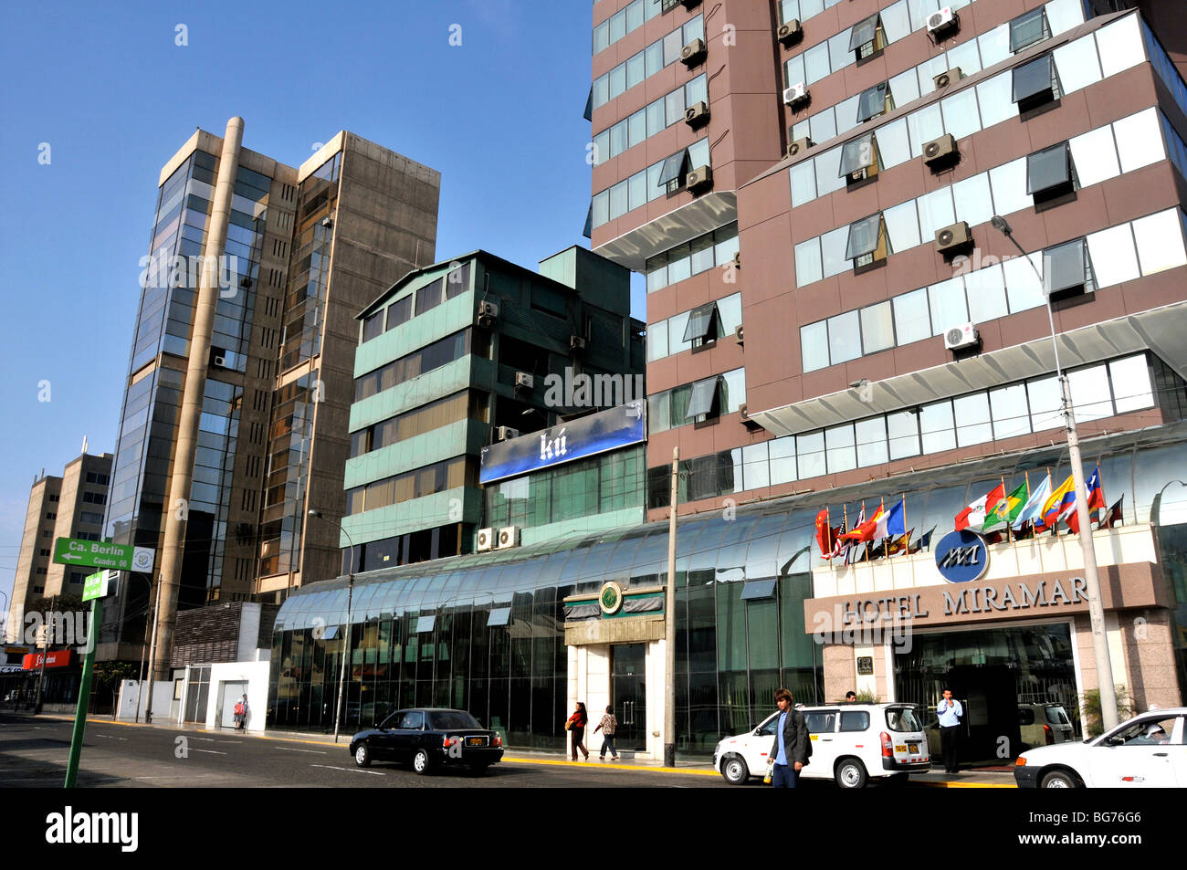 moderne Gebäude, Hotel Miramar, Miraflores, Lima, Peru Stockfoto