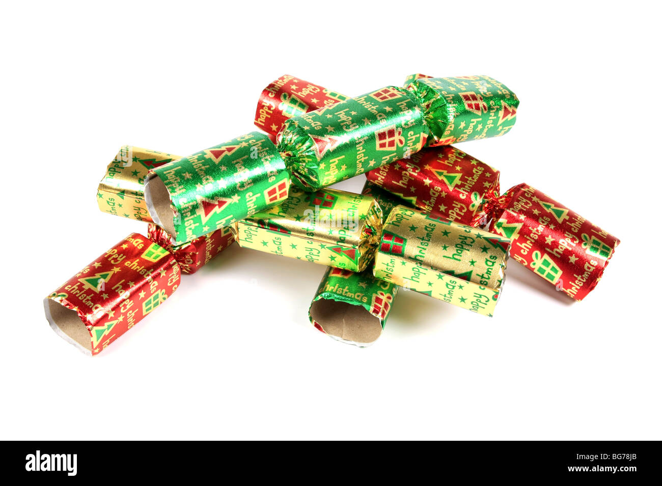 Christmas Crackers vor einem weißen Hintergrund Stockfoto