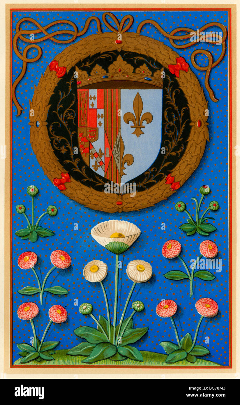 Wappen und Wahrzeichen von Marguerite de Navarre, 16. Jahrhundert, Königin von Frankreich. Farblithographie Stockfoto