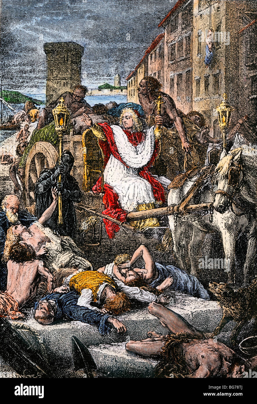 Belzunce inmitten Opfer der Pest in Frankreich, 1600. Hand - farbige Holzschnitt Stockfoto
