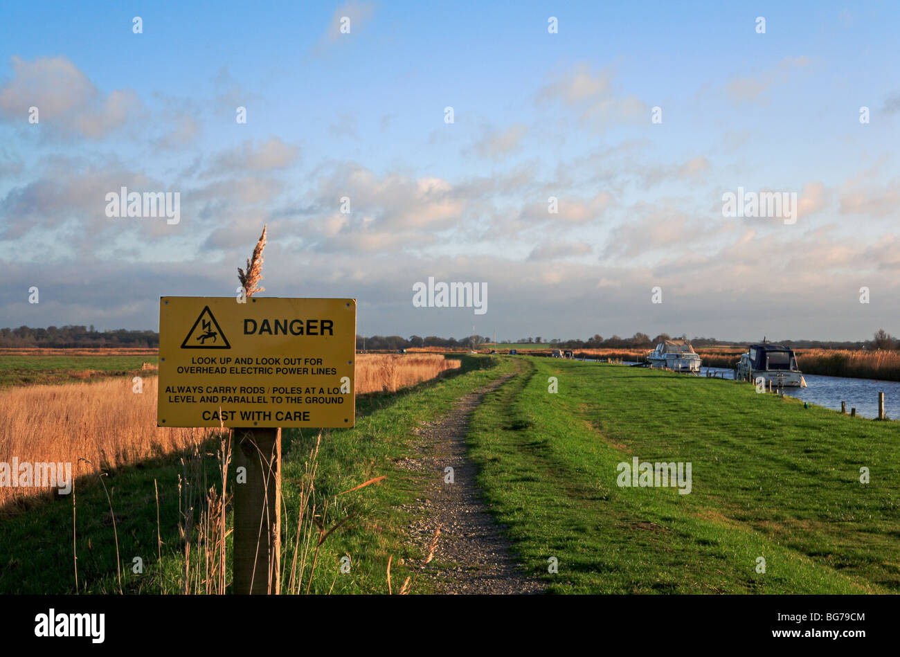 Warnzeichen für Angler neben öffentlichen Fußweg auf Upton, Norfolk, Großbritannien. Stockfoto