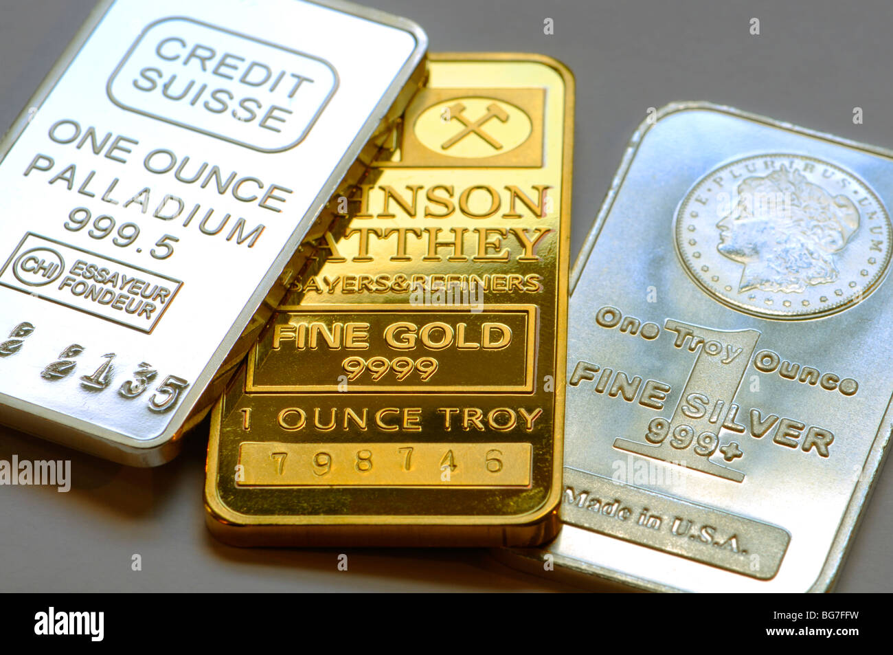 Palladium, Gold und Silber Barren in 1 Unze Barren / Riegel Stockfoto