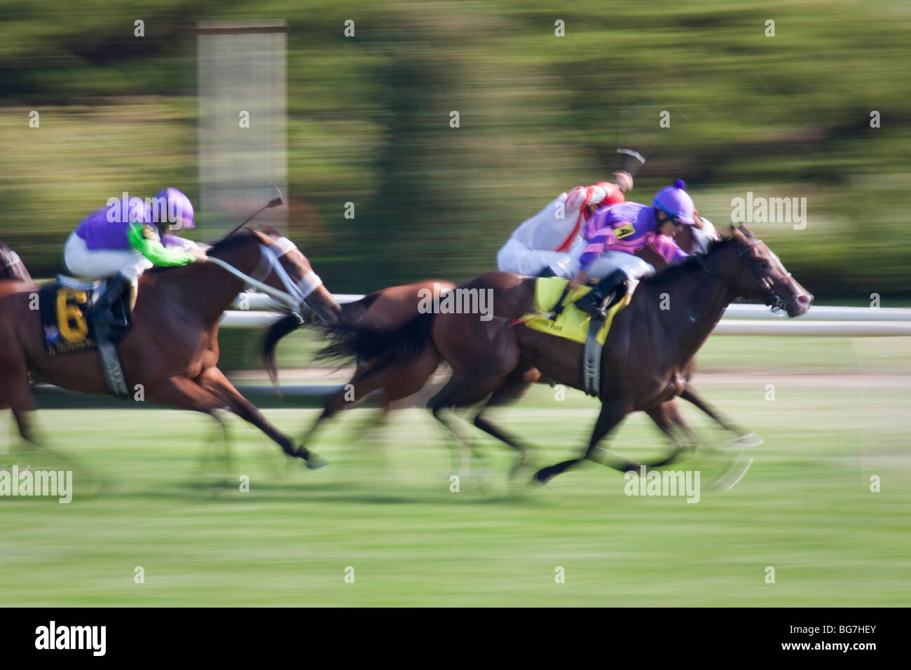 Pferd-Rennfahrer auf der Arlington Park Rennbahn, Illinois Stockfoto