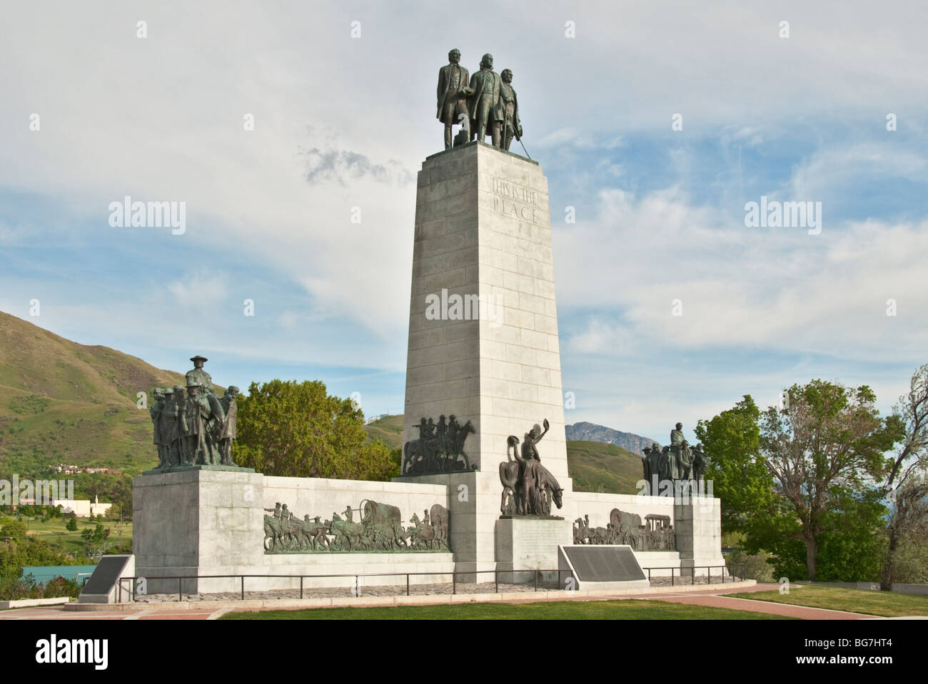 Utah Salt Lake City This ist The Place Heritage Park Monument markiert die Stelle, wo Mormonenpioniere Salzseetal eingegeben Stockfoto