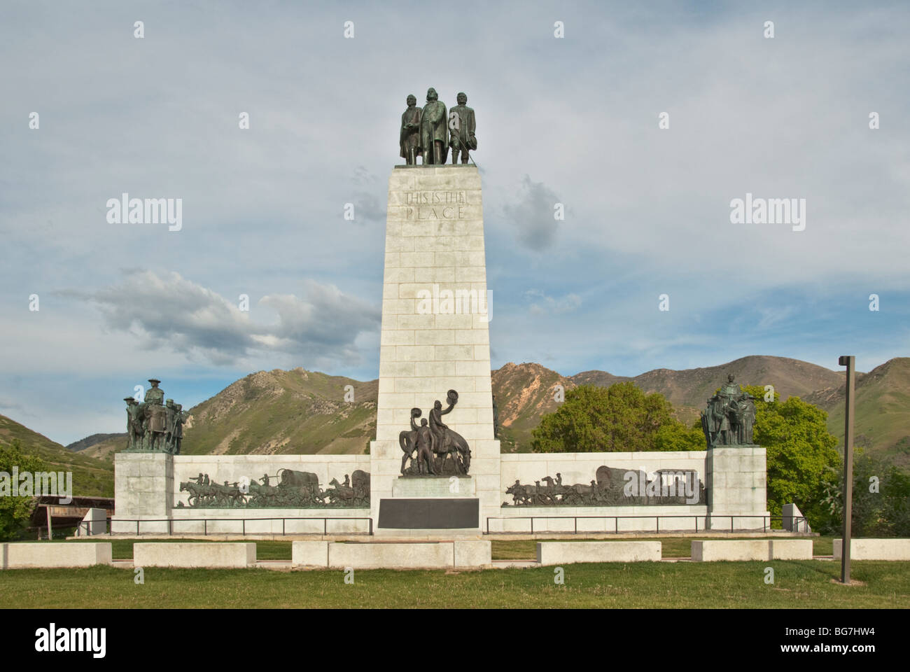 Utah Salt Lake City This ist The Place Heritage Park Monument markiert die Stelle, wo Mormonenpioniere Salzseetal eingegeben Stockfoto