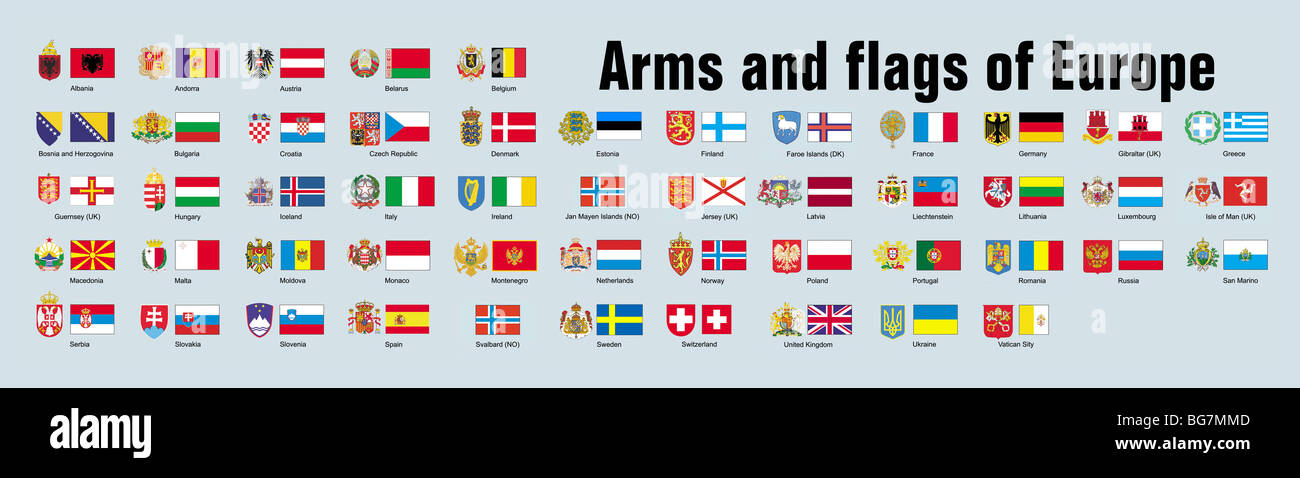 Wappen und Flaggen von Europa Stockfoto