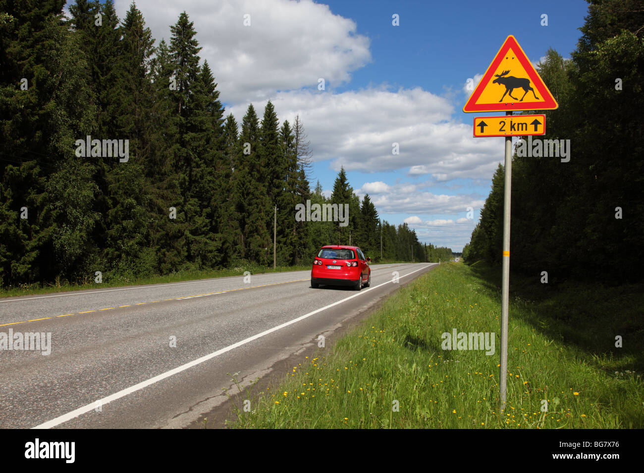 Finnland, Region der südlichen Savonia, Savonlinna, Punkaharju Ridge, Highway Nummer 14, Straße Schilder für Elche, rote Automobil Stockfoto