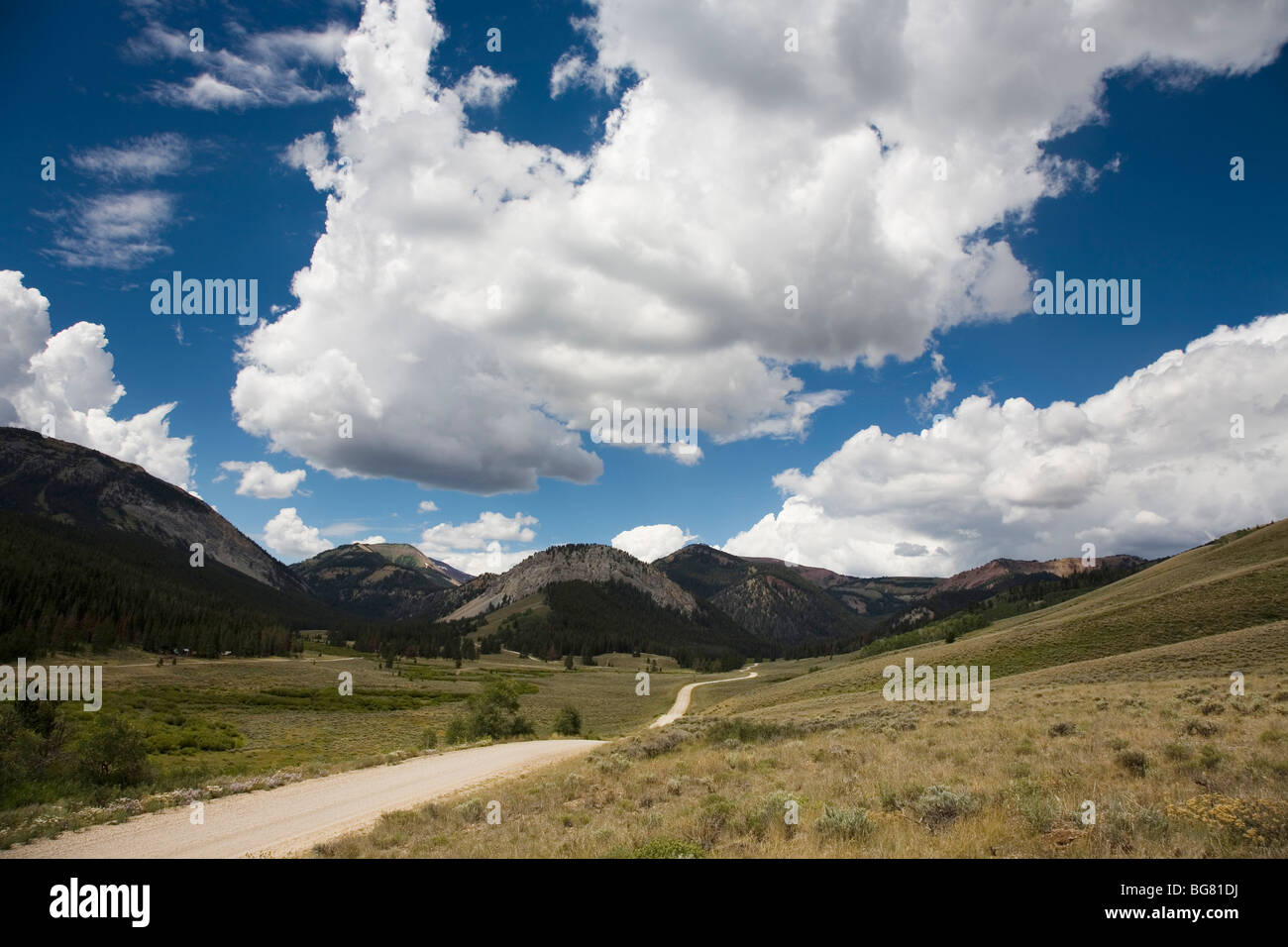 Einem langen Schotterstraße schlängelt sich in der Nähe von den Ausläufern der Rocky Mountains in Montana. Stockfoto