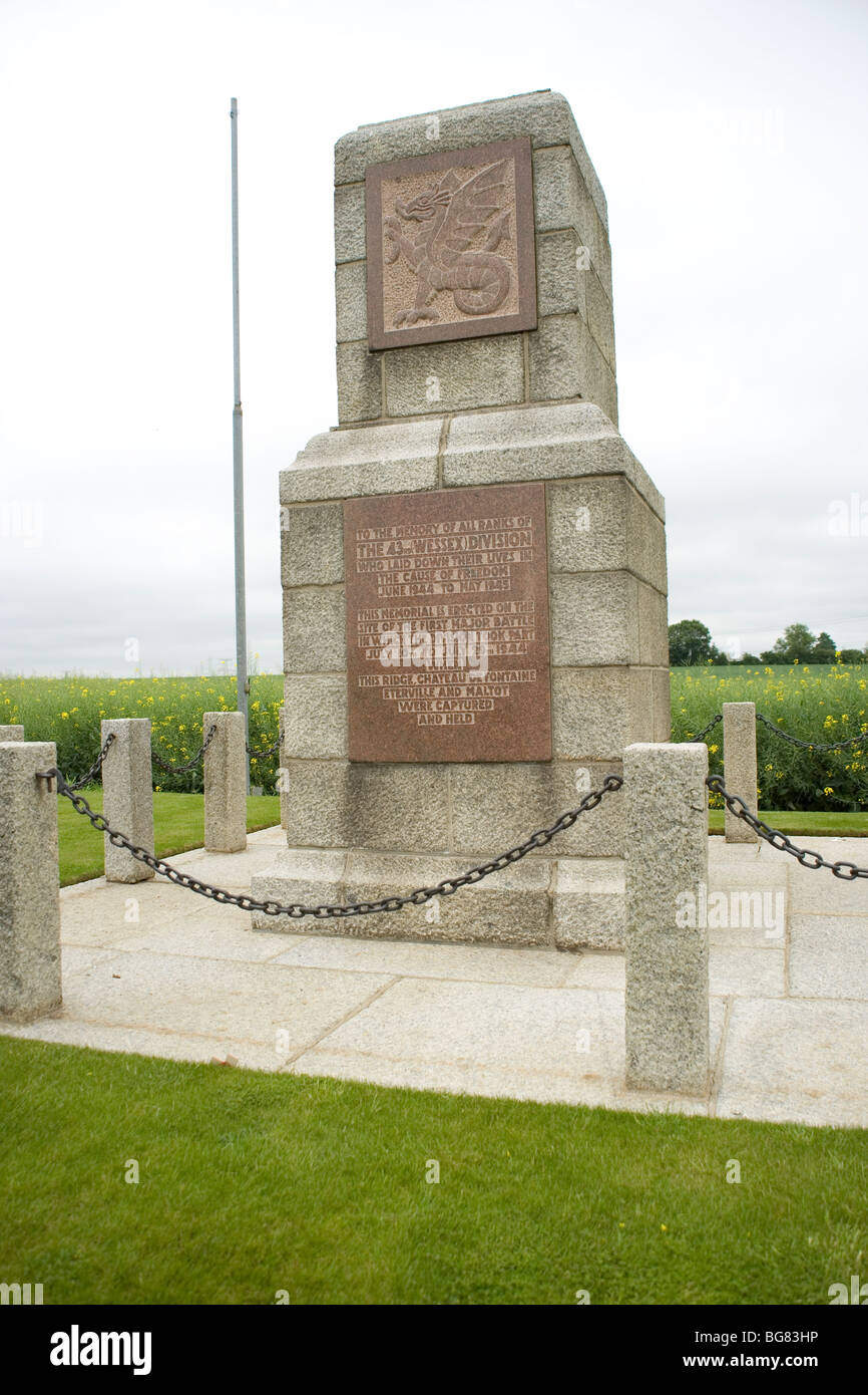 Denkmal für die 43. Wessex Division auf Hügel 112 in Normandie Schauplatz erbitterter Kämpfe im Sommer 1944 Anschluss an D-Day Stockfoto