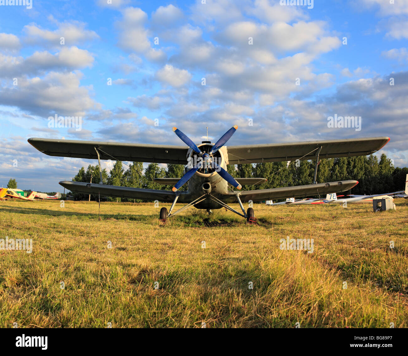 Kleinflugzeuge Flugzeuge geparkt an einem Rasen Flugplatz, Russland Stockfoto