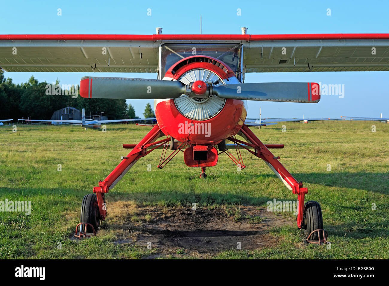 Kleinflugzeuge Flugzeuge geparkt an einem Rasen Flugplatz, Russland Stockfoto