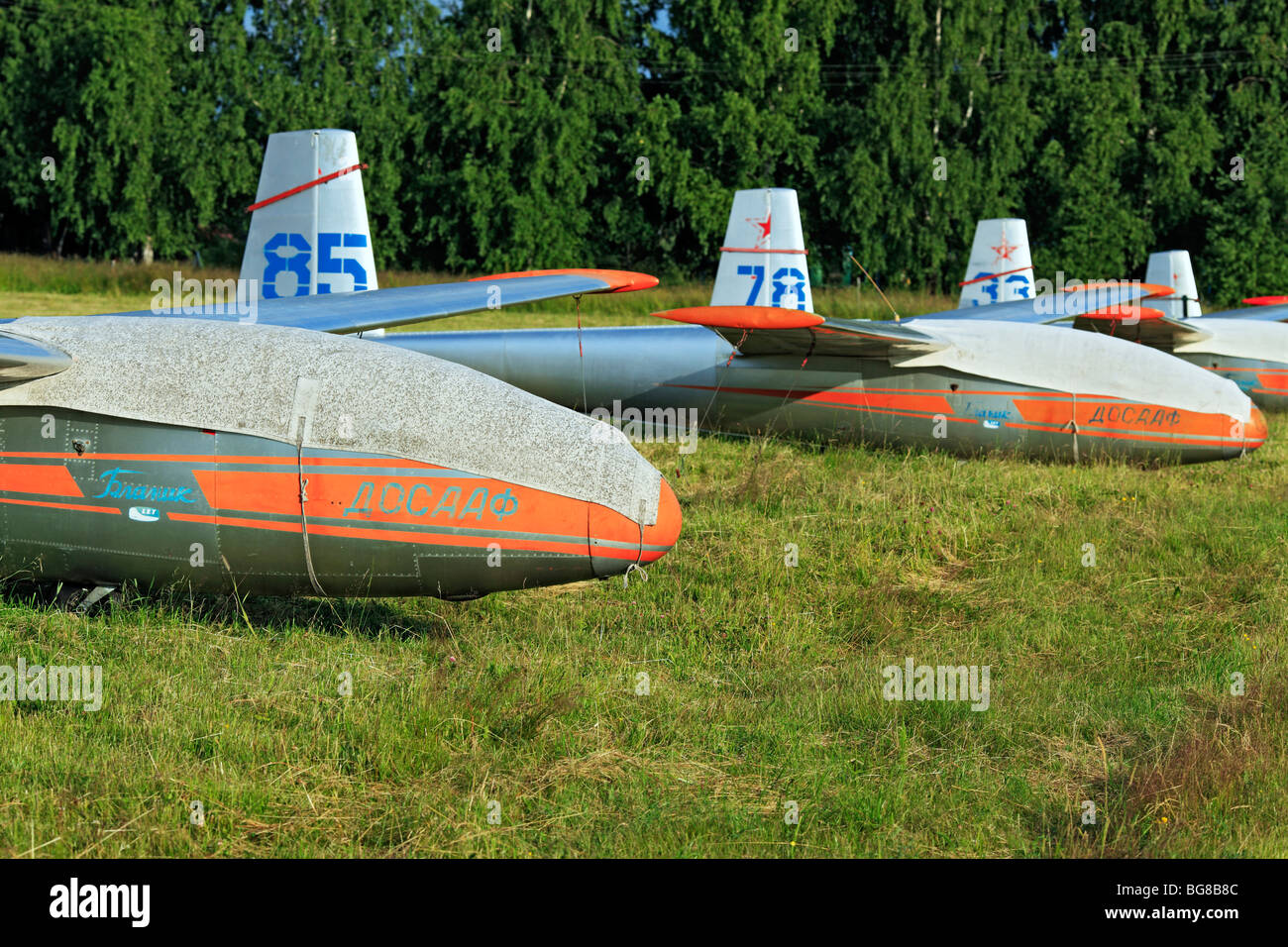Kleinflugzeuge Flugzeuge geparkt an einem Rasen Flugplatz, Russland Stockfoto