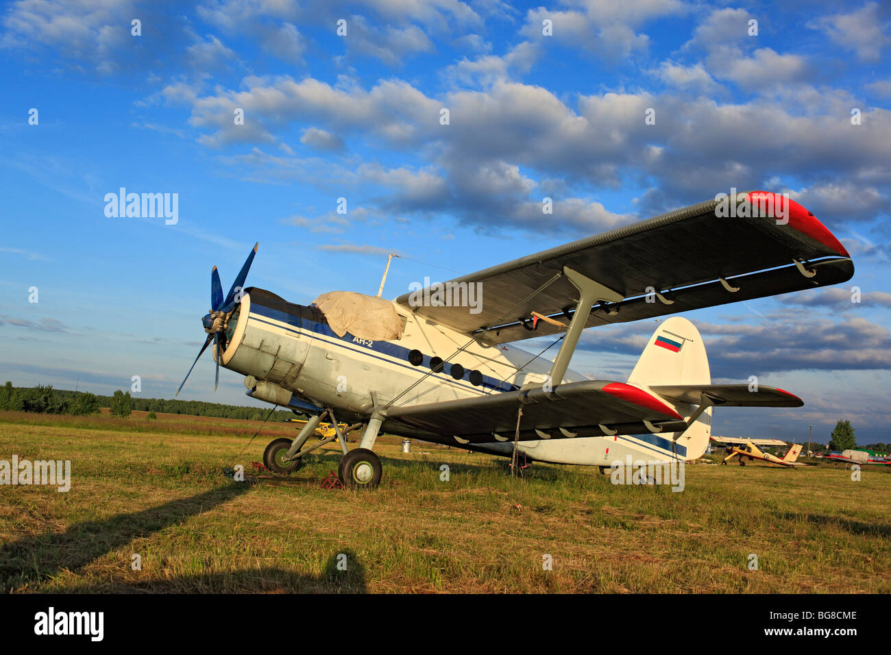 Kleinflugzeuge Flugzeuge geparkt an einem Rasen Flugplatz, Russland Stockfoto