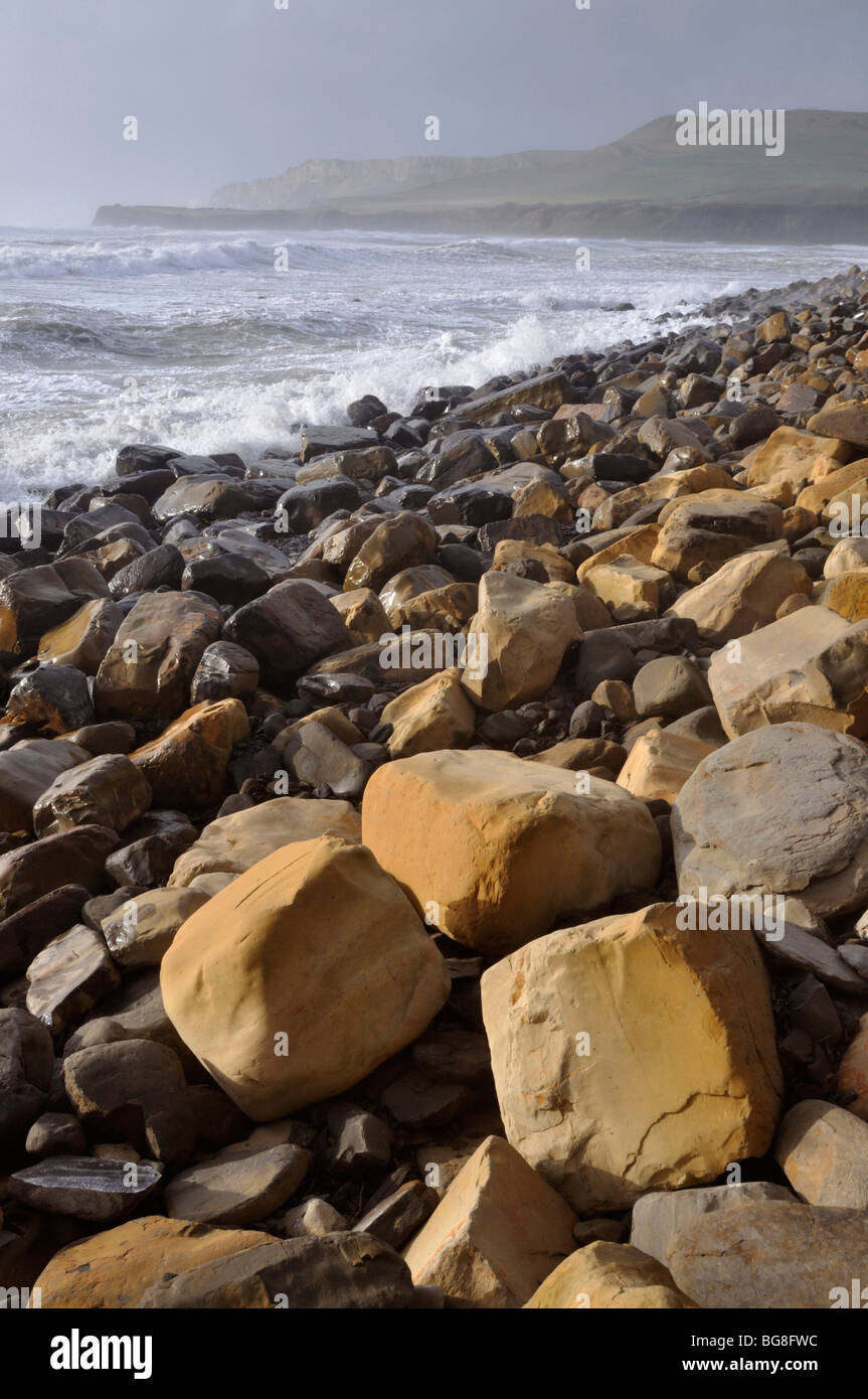 Jura Cementstone am Strand, Kimmeridge Bay, Dorset, England Stockfoto