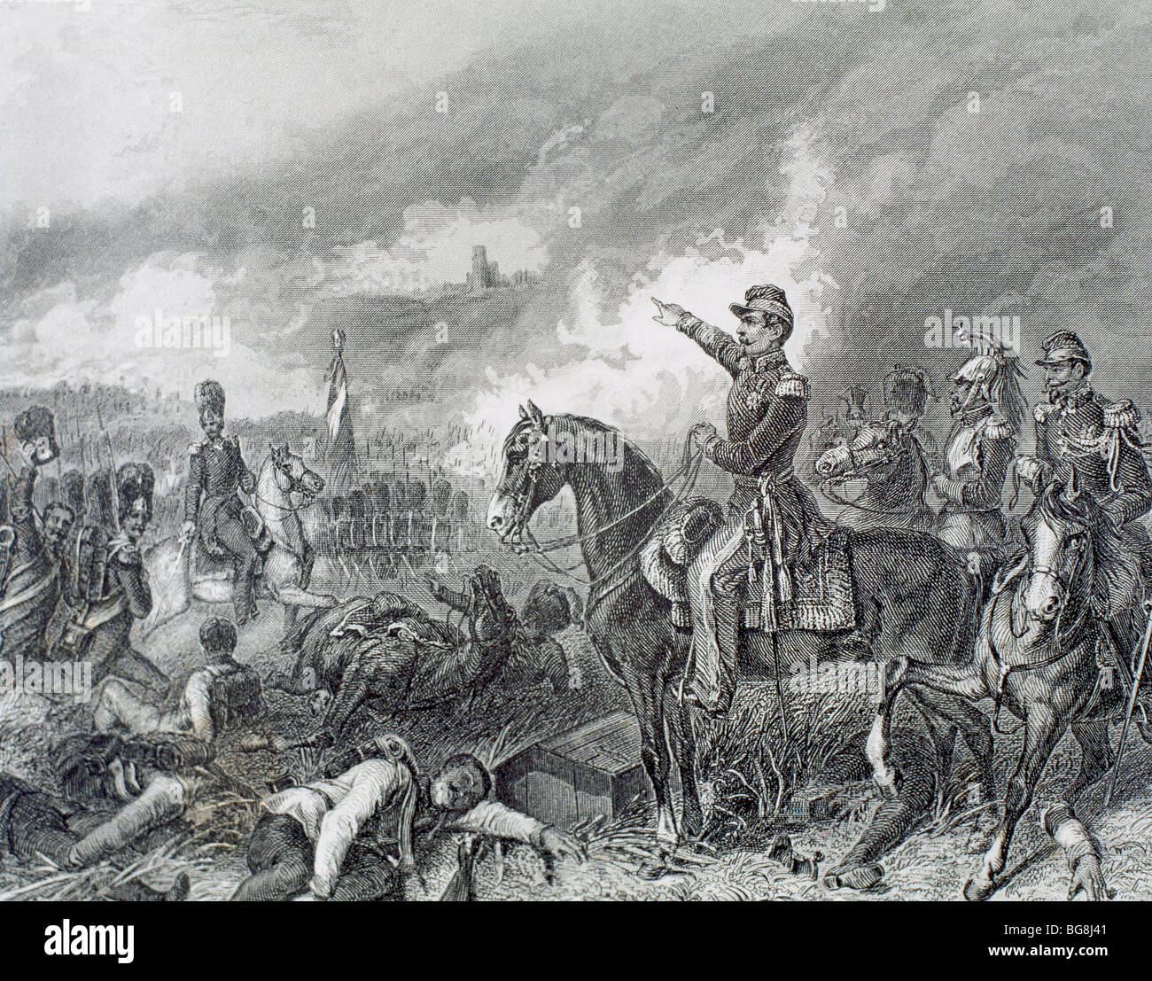 Zweiten italienischen Unabhängigkeitskrieg. Napoleon III. in der Schlacht von Solferino. (24 Juni 1859). 1881-Gravur. Stockfoto