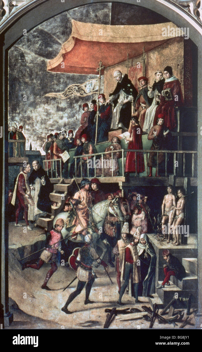 Auto de Fe unter dem Vorsitz von St. Dominic de Guzman (1170-1221). Öl auf Leinwand, dargestellt im Jahre 1490 spanischen Malers Pedro Berruguete. Stockfoto Auto de Fe unter dem Vorsitz von St. Dominic de Guzman (1170-1221). Öl auf Leinwand, dargestellt im Jahre 1490 spanischen Malers Pedro Berruguete. Stockfoto