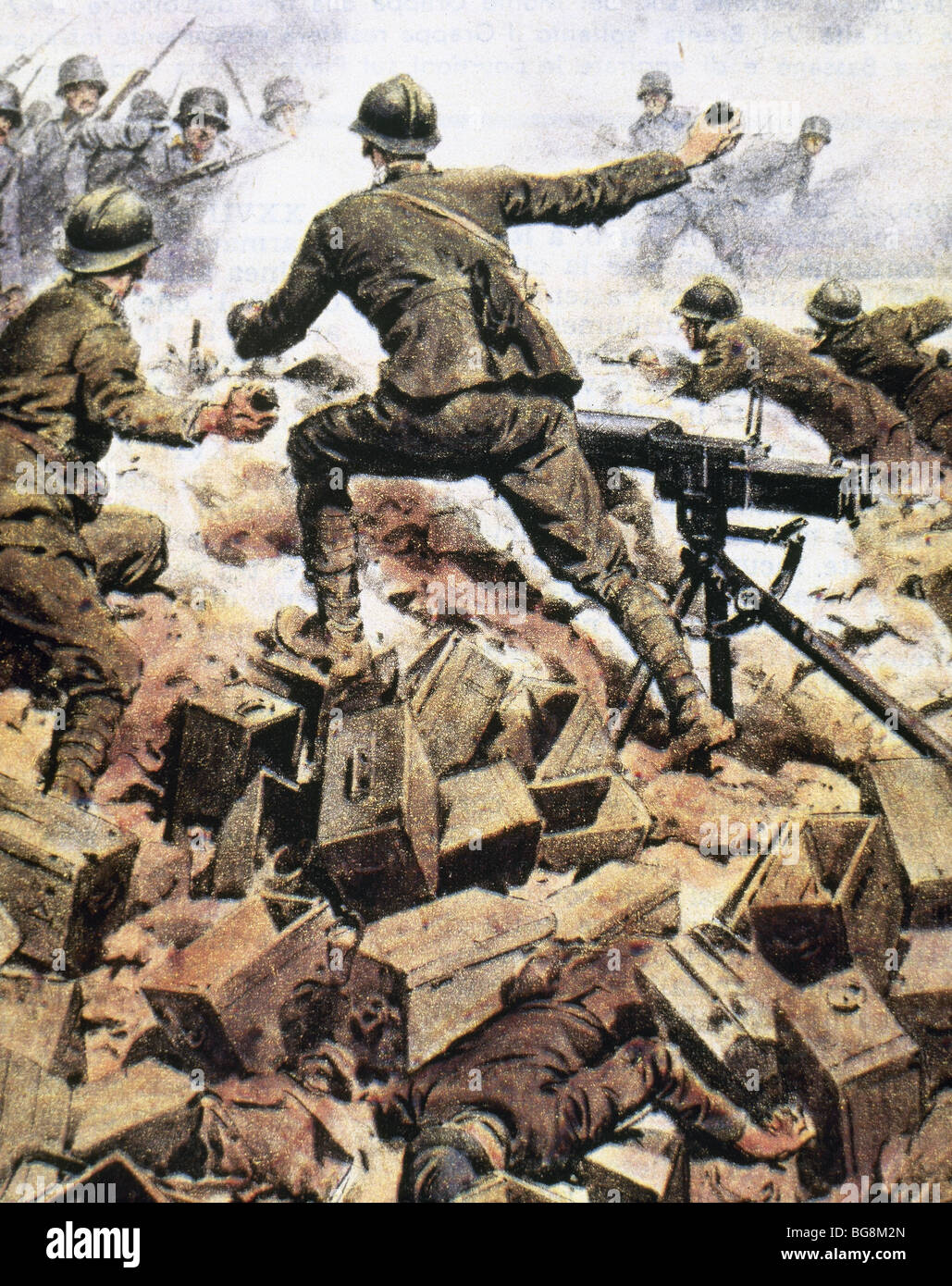 Erster Weltkrieg (1914-1918). Italienische Truppen verteidigen ihre Positionen mit Handgranaten und Bajonette. 1917. Stockfoto