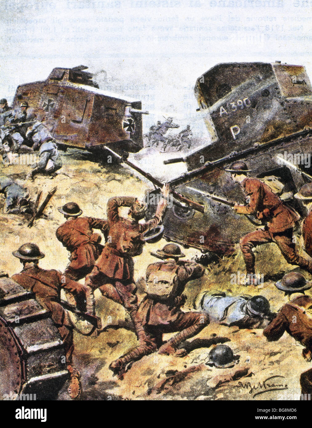 Ersten Weltkrieg (1914-1918). Schlacht zwischen deutschen und alliierten Panzern im Mai 1918. Stockfoto