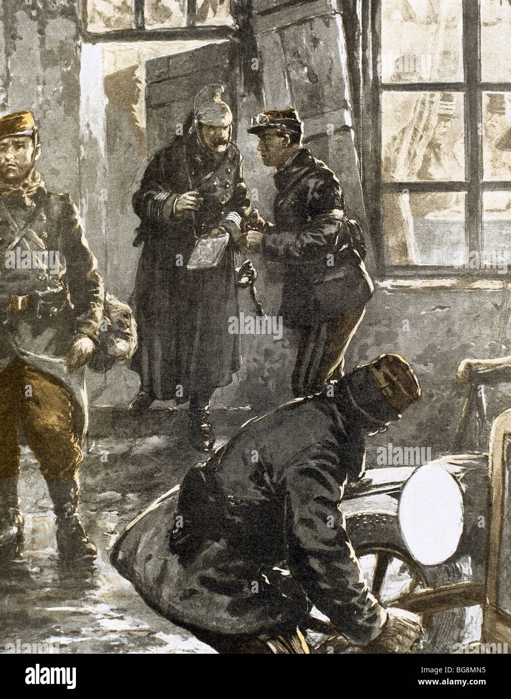 Ersten Weltkrieg (1914-1918). Generals Joffre und Französisch studieren den Fortschritt der Vorgänge in der kämpfenden Linie in Flandern. Stockfoto