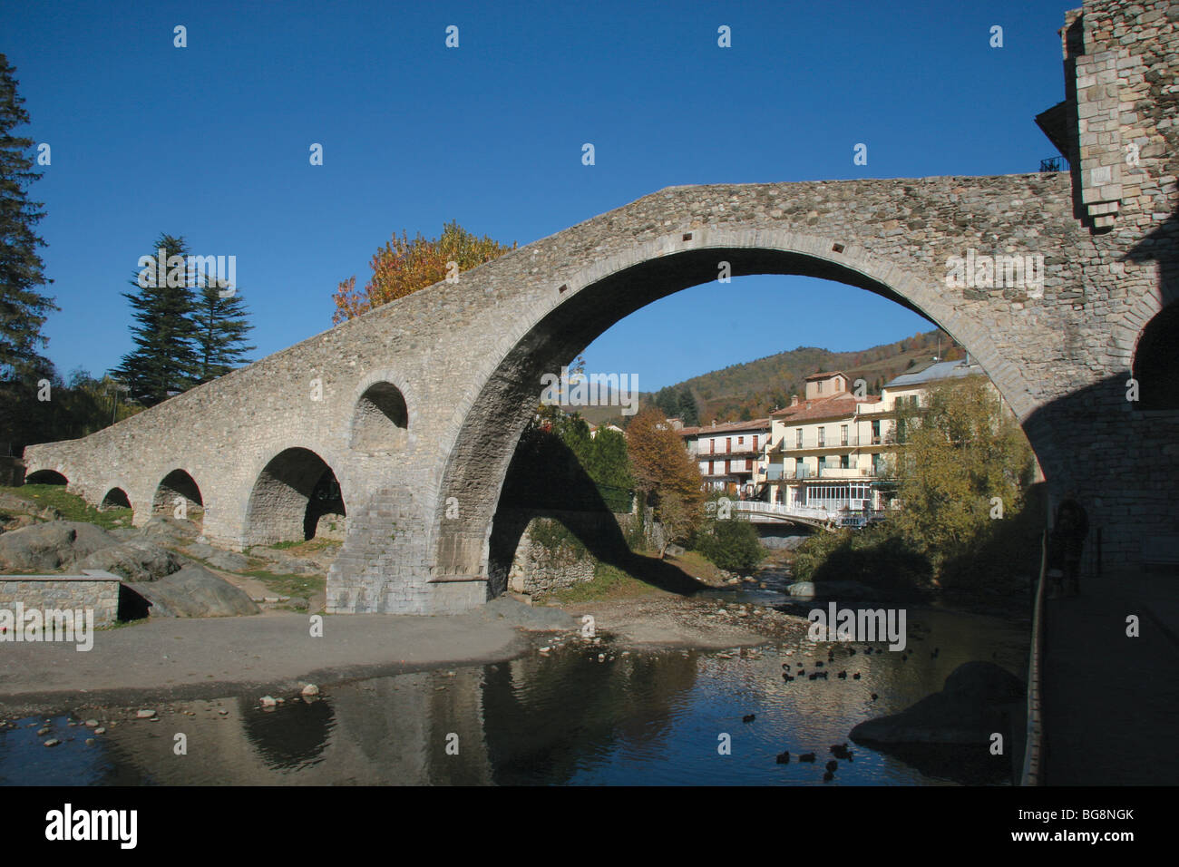 Camprodon. Blick auf die neue Brücke (Pont Nou) am Fluss ter Catalonia. Spanien. Stockfoto