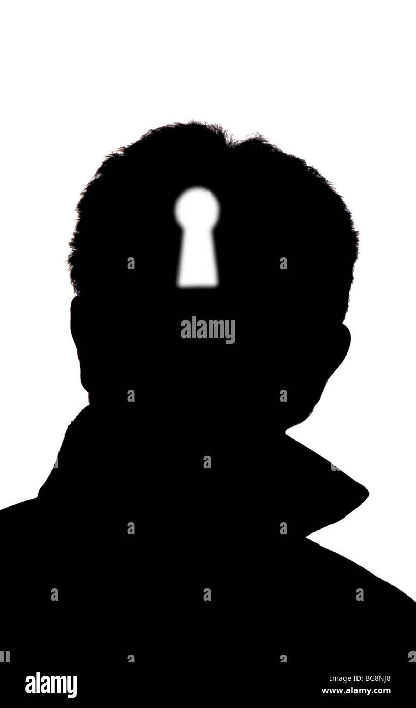 Konzeptbild von Silhouette Mann mit Schlüsselloch im Kopf Stockfoto