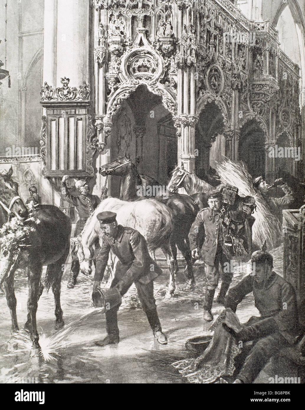 ERSTER WELTKRIEG (1914-1918). Die Besetzung von Aerschot von den deutschen. Zeichnung. Stockfoto