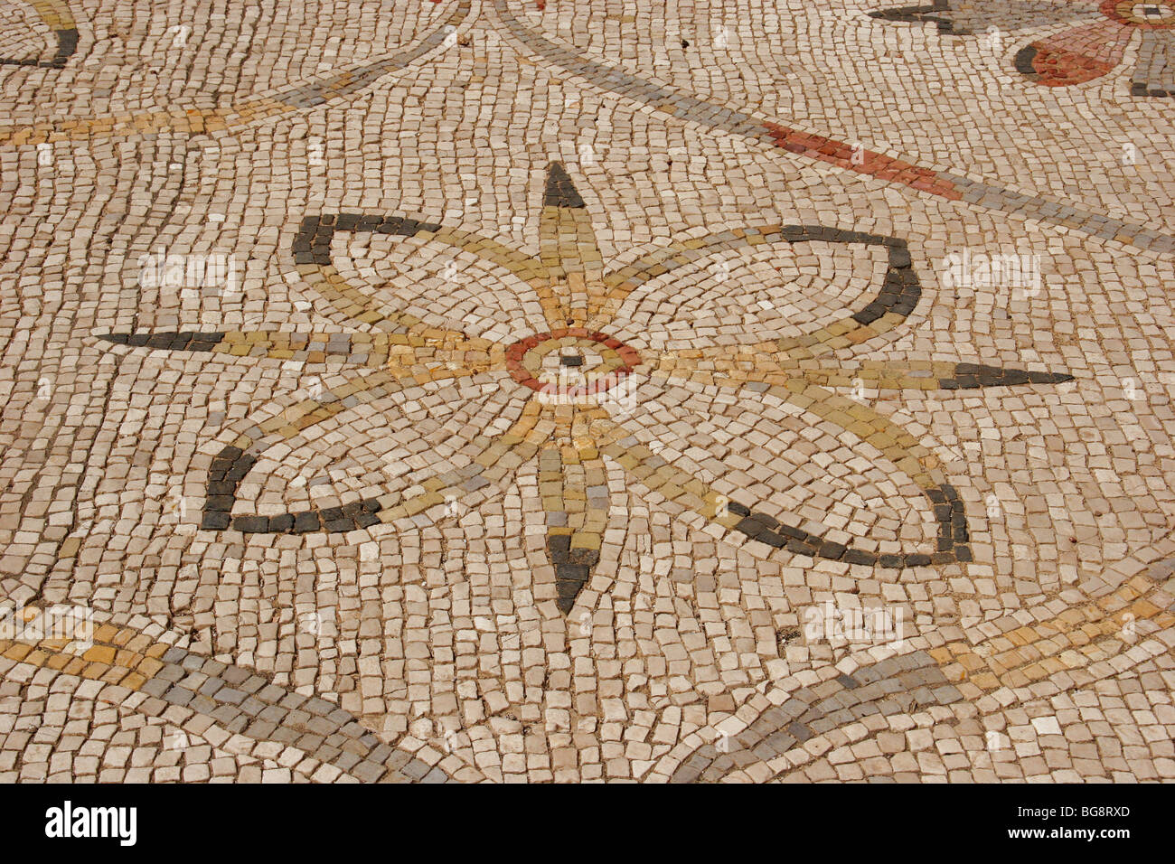 Ostia Antica. Hafenstadt des antiken Roms. Mosaik Blumen Dekoration. Detail. Italien. Europa. Stockfoto