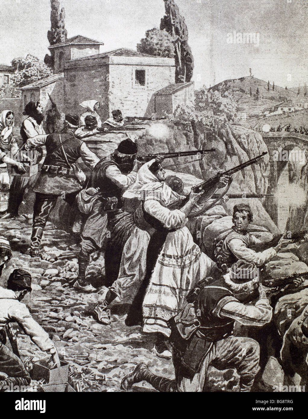 ERSTER WELTKRIEG (1914-1918). Einwohner der Stadt Serbiens Kampf gegen die österreichischen Truppen (1914). Zeichnung. Stockfoto