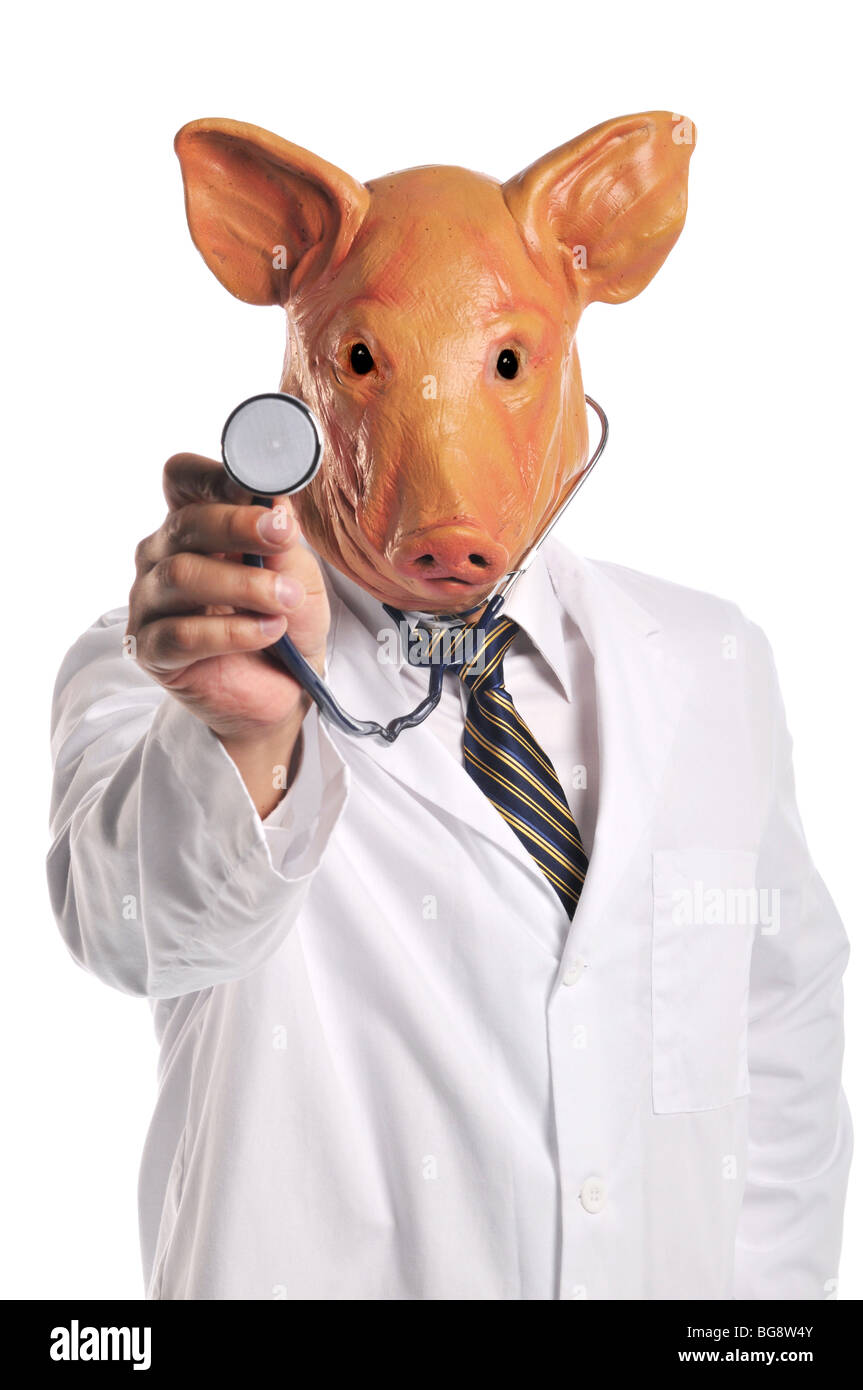 Schweinegrippe-Metapher zeigt die Macht des Virus isoliert auf weiss Stockfoto