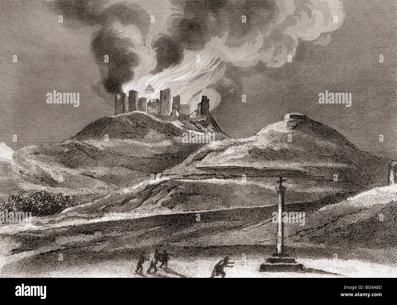 Feuer im Jahre 1835 im Kloster von Montearagon, Quicena, Huesca, Spanien Stockfoto
