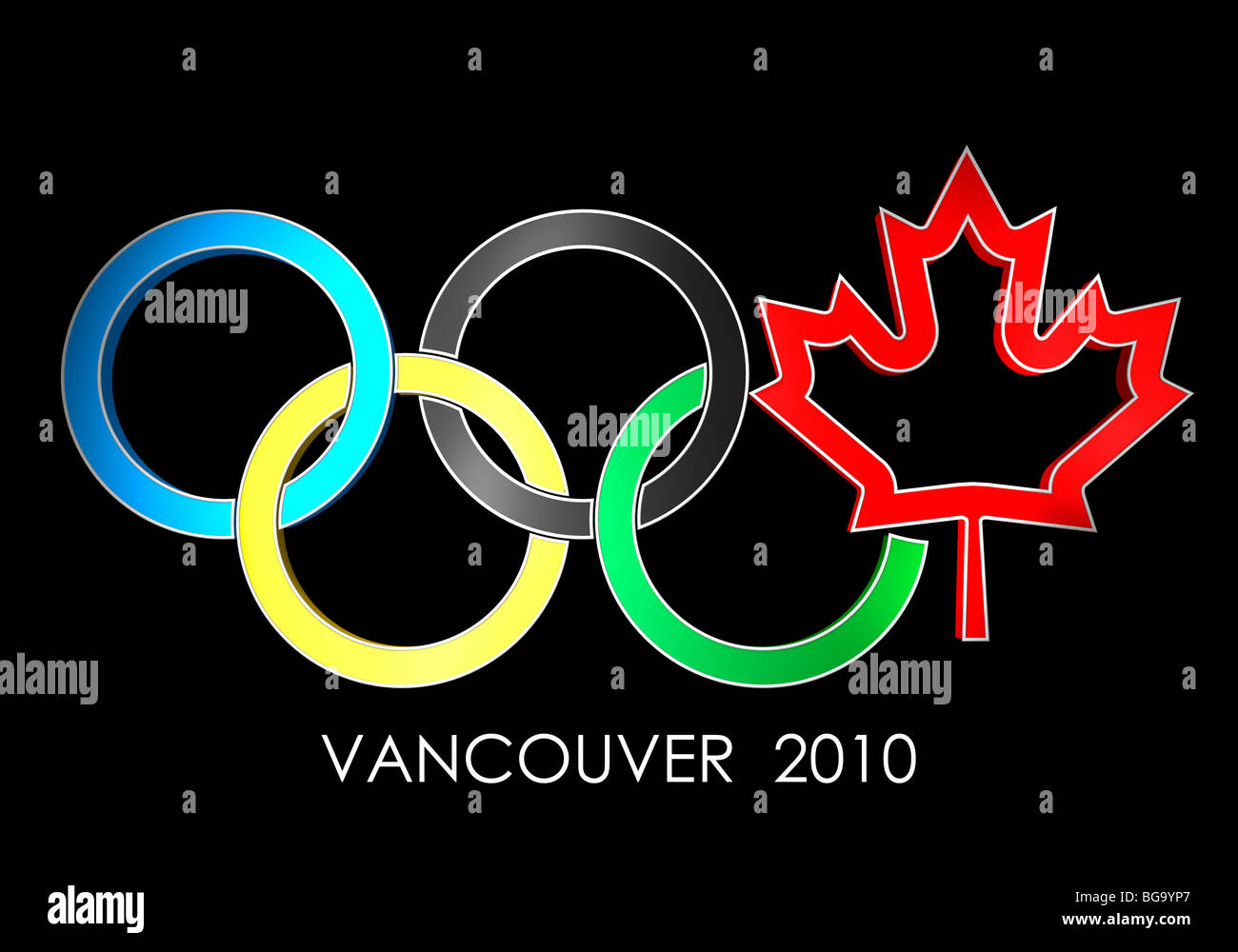 Olympische Ringe Vancouver 2010 Konzept mit einem Kanada Maple Leaf-Symbol. Auf schwarzem Hintergrund isoliert. Stockfoto