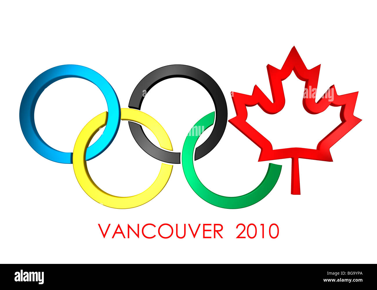 Olympische Ringe Vancouver 2010 Konzept mit einem Kanada Maple Leaf-Symbol. Isoliert auf weißem Hintergrund. Stockfoto