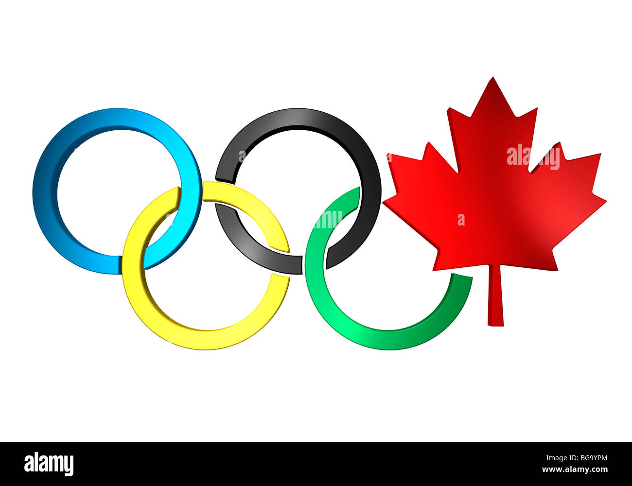 Olympische Ringe Vancouver 2010 Konzept mit einem Kanada Maple Leaf-Symbol. Isoliert auf weißem Hintergrund. Stockfoto