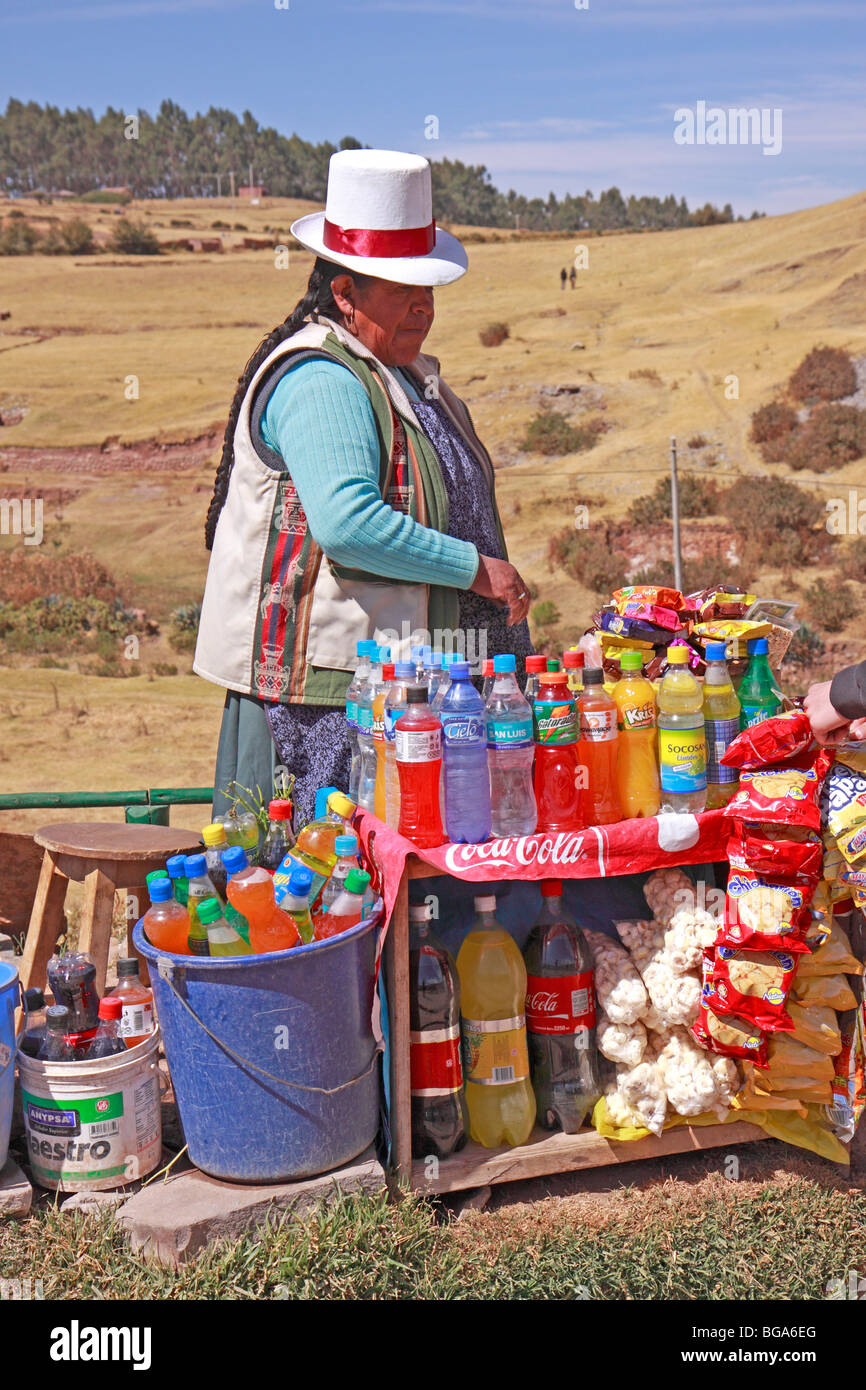 einheimische Frau verkaufen Getränke in Sacsayhuaman, Cuzco, Anden, Peru, Südamerika Stockfoto