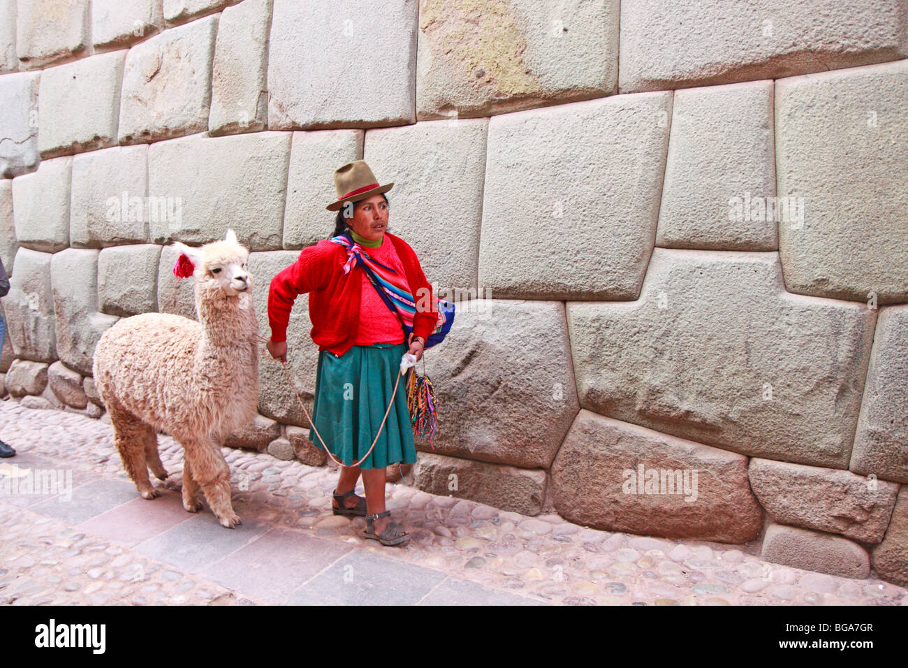 einheimische Frau mit Alpaka bei Calle Hatun Rumiyok, Cuzco, Anden, Peru, Südamerika Stockfoto