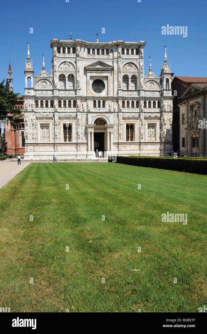 Certosa di Pavia Kartäuser Kloster Lombardei Italien Marmor-Fassade ist ein herrliches Beispiel der Lombard Kunst Stockfoto