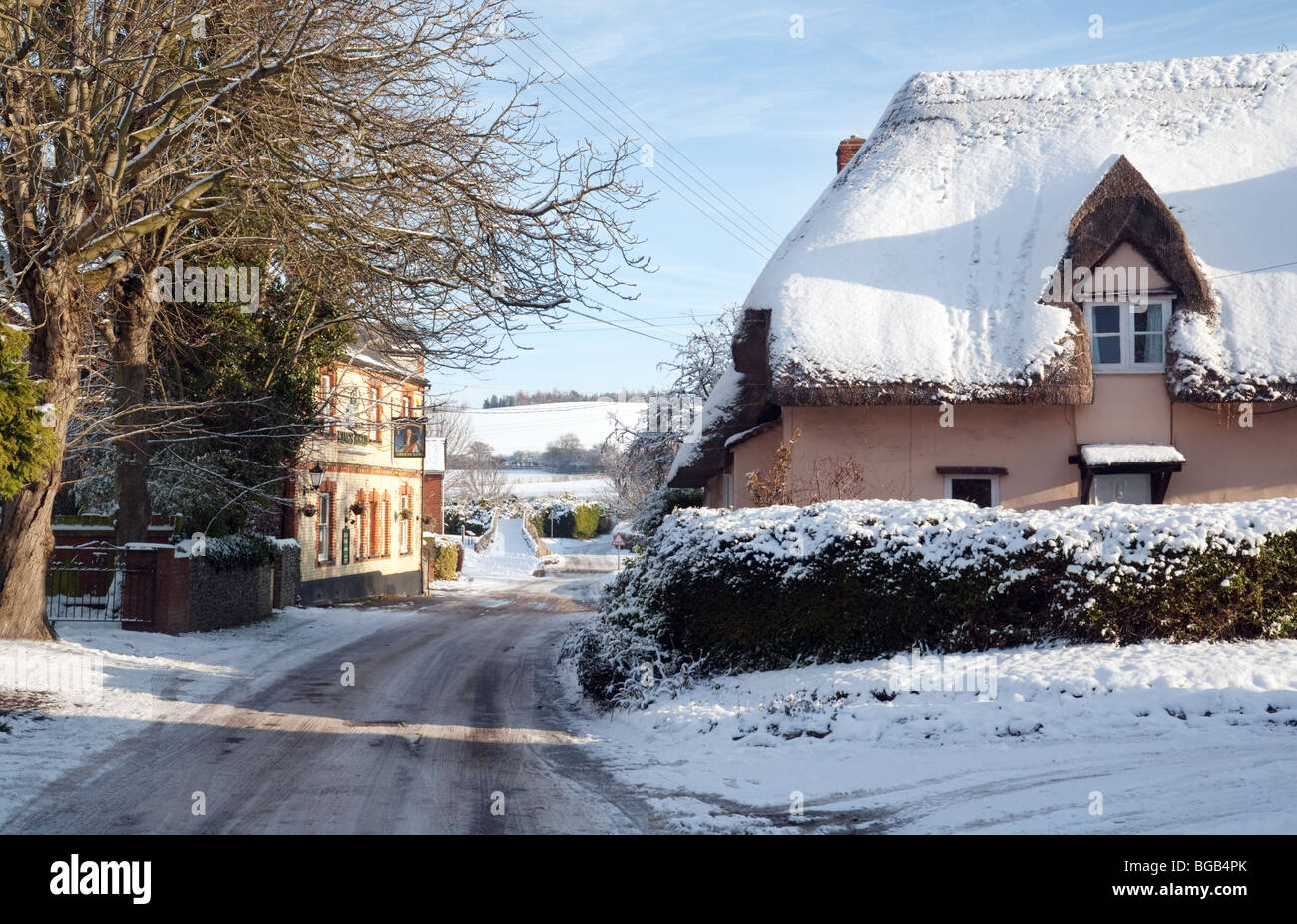 Winter im Dorf Moulton in der Nähe von Newmarket, Suffolk UK Stockfoto