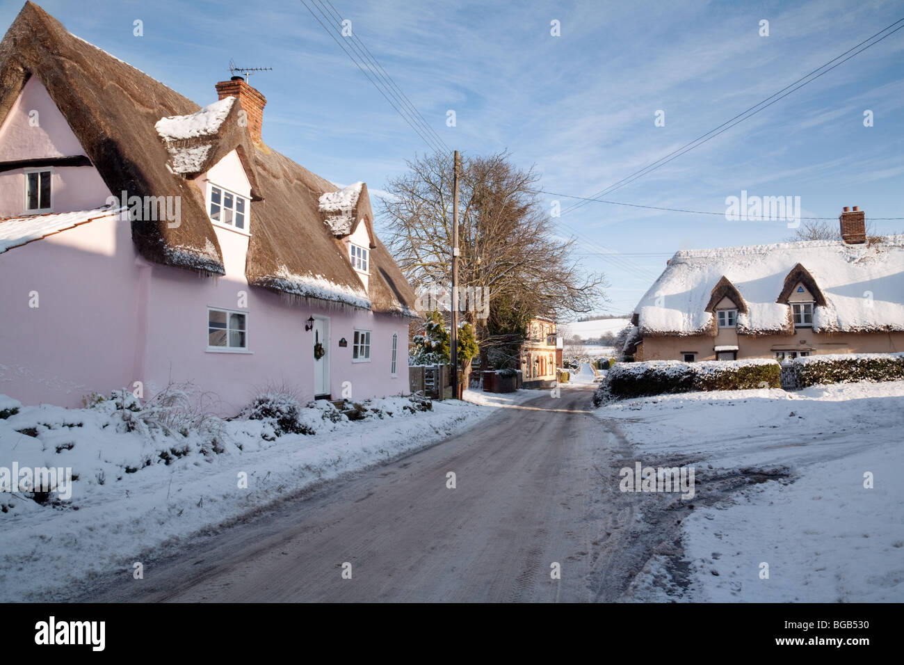 Winter im Dorf Moulton in der Nähe von Newmarket, Suffolk UK Stockfoto