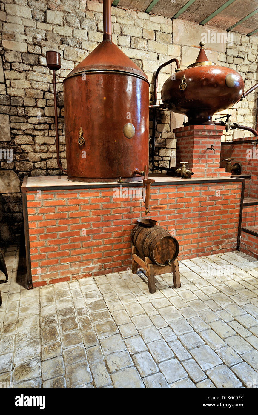 Kupfernen Alambic für Cognac, Musee des Commerces d'Autrefois, Rochefort, Frankreich. Stockfoto