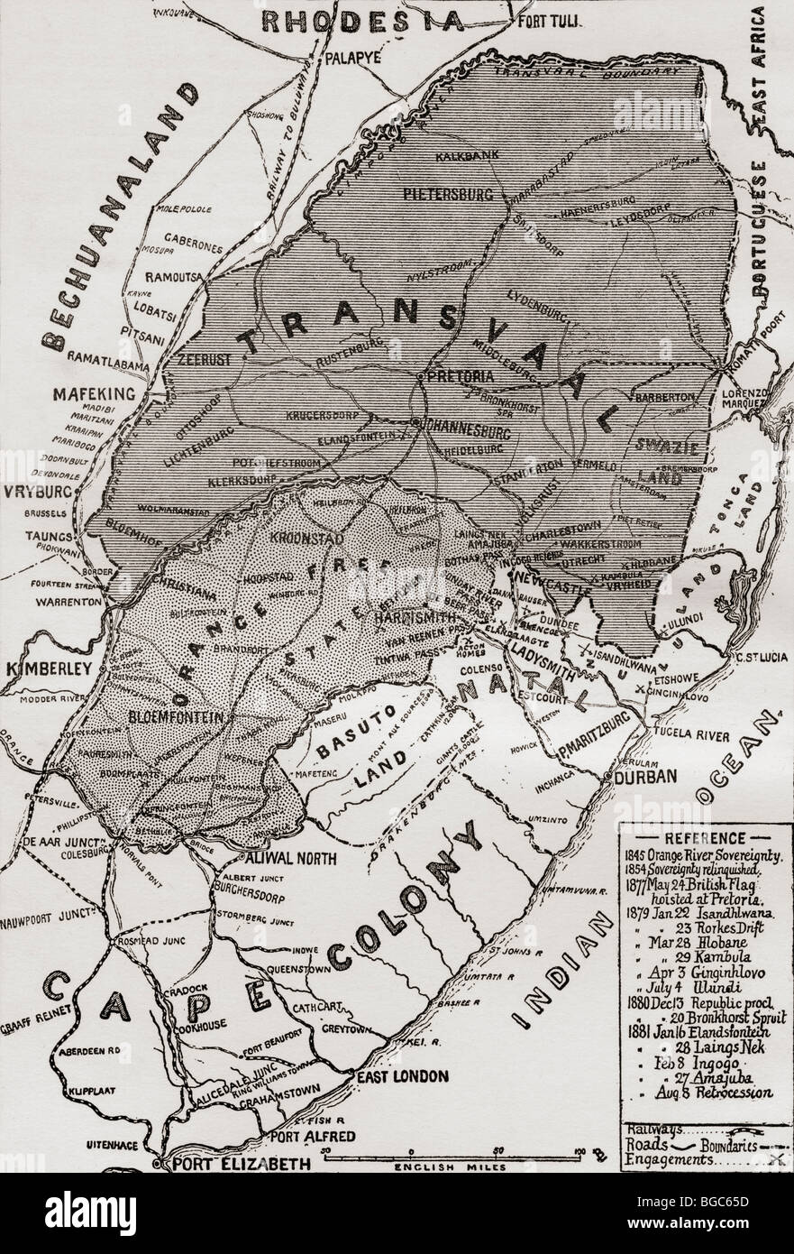 Karte von The Burenrepubliken am Ende des 19. Jahrhunderts. Stockfoto