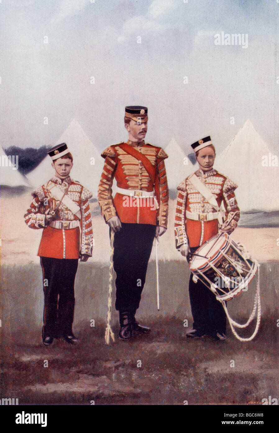 Tambourmajor und Trommler von den Coldstream Guards in der Ende des 19. Jahrhunderts. Stockfoto