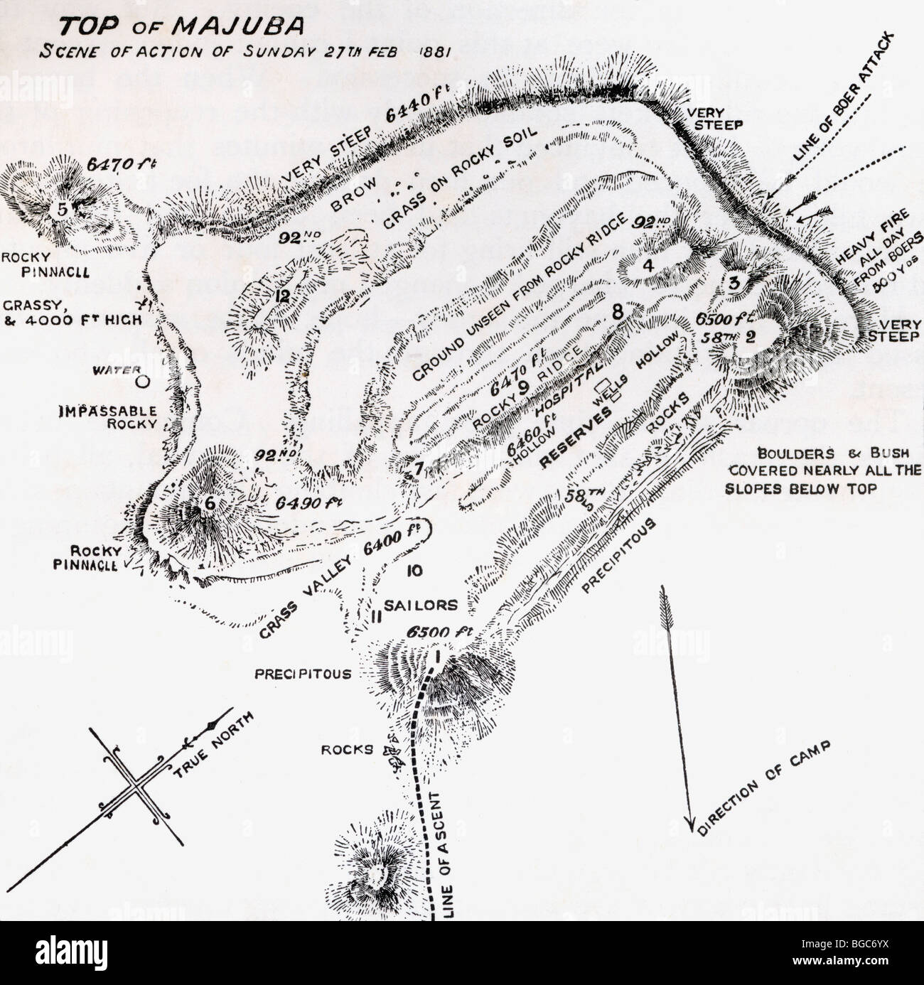 Karte der Ort des Geschehens während der Schlacht von Majuba Hill, in der Nähe von Volksrust, Südafrika, im ersten Burenkrieg. Stockfoto