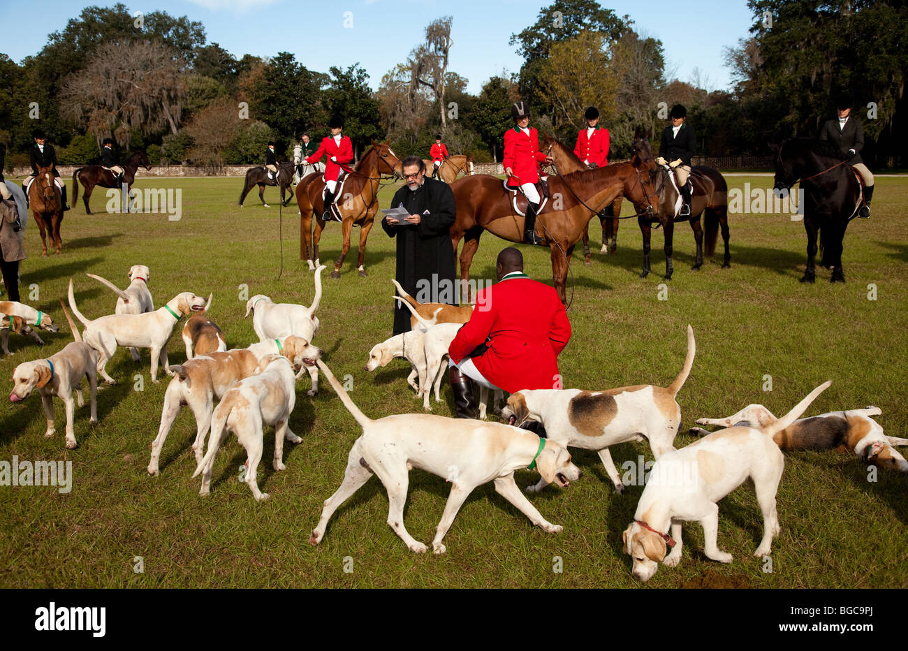 Segnung der Jagdhunden und Fox Jäger zu Beginn der Fuchs Jagd Saison Middleton Place Plantage in Charleston, SC Stockfoto