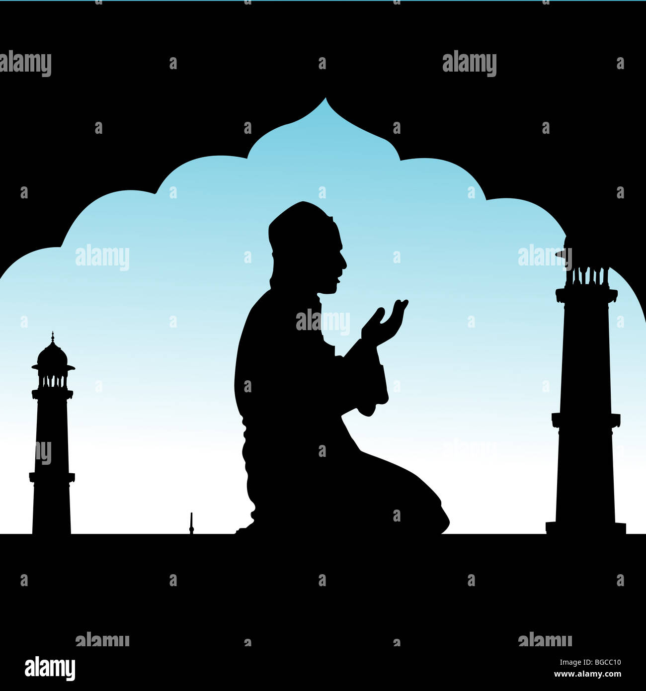 Silhouette des menschlichen Angebot Gebete in der Moschee Stockfoto