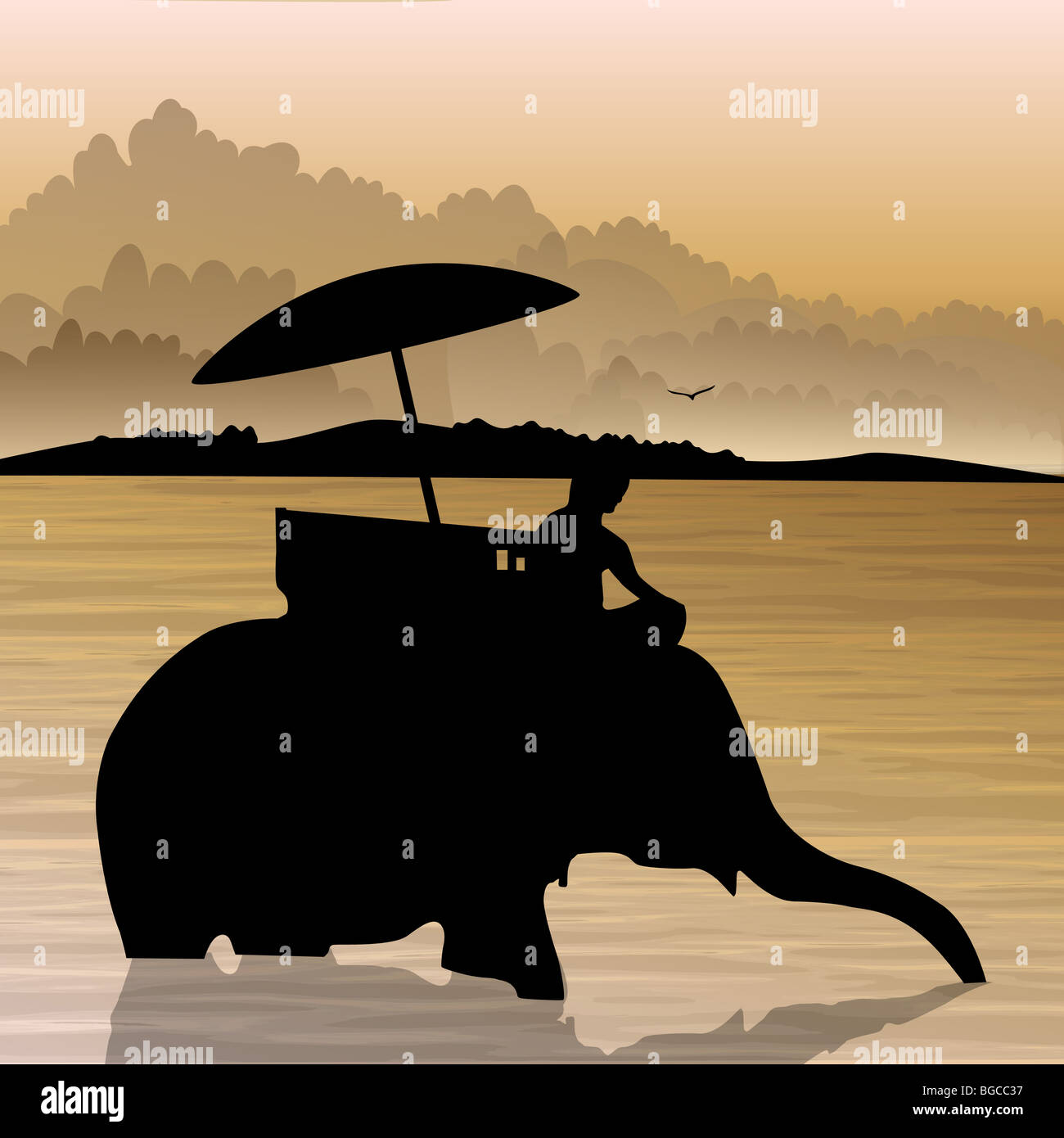 Silhouette Blick des Menschen auf Elefanten im Wasser Stockfoto