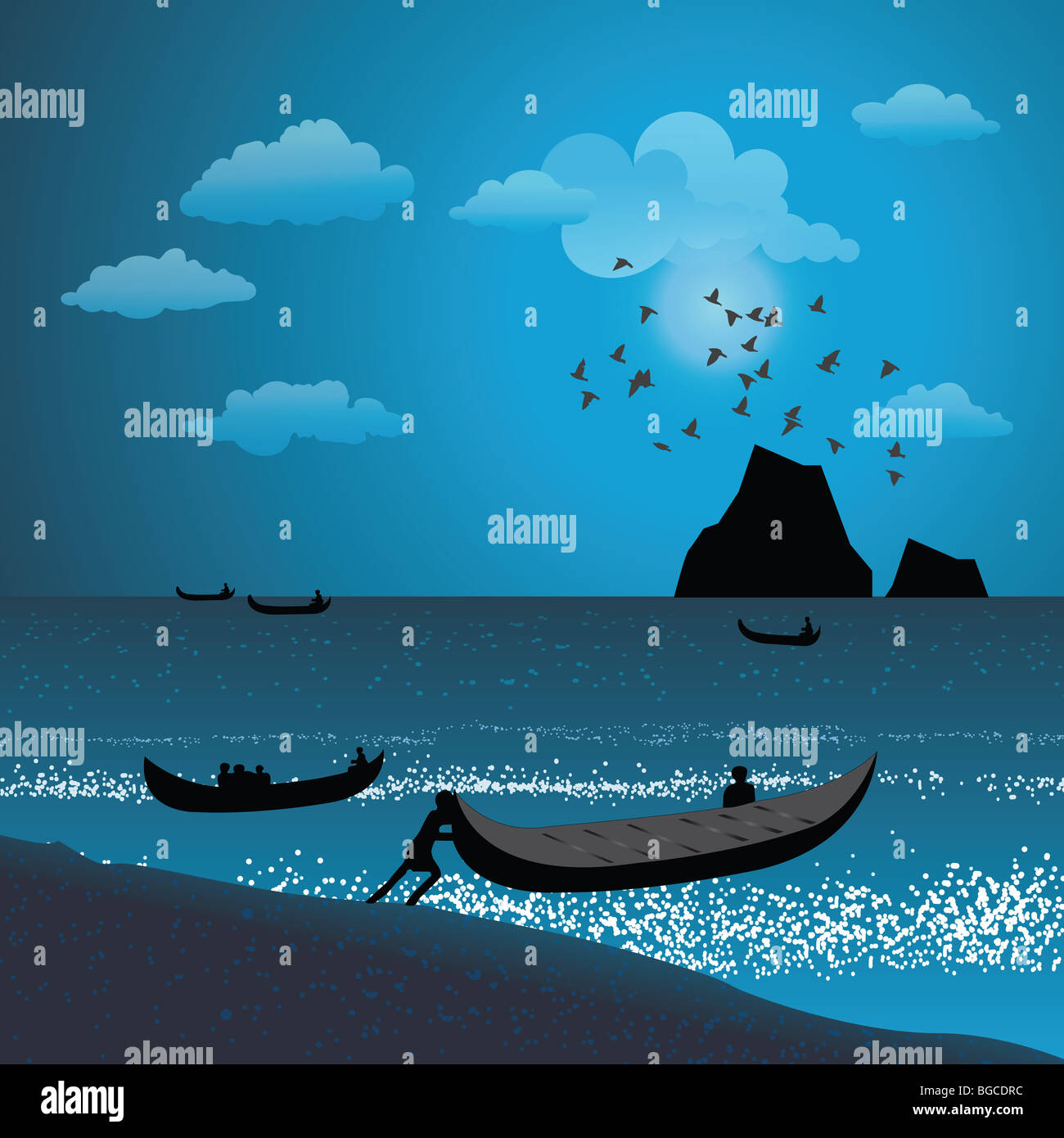 Silhouette-Ansicht von Fischer Boot ins Meer schieben Stockfoto