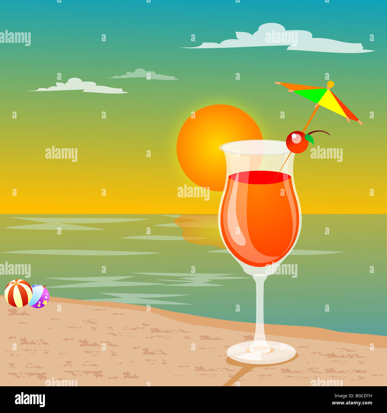 Freizeit am Strand - Getränk, Beachball, Anzeigen der Sonne Stockfoto