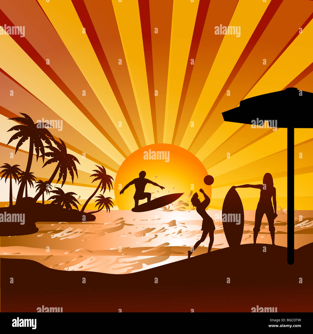 Silhouette der Strand mit Menschen Surfen, spielen Volleyball, Blick auf Kokospalmen Stockfoto