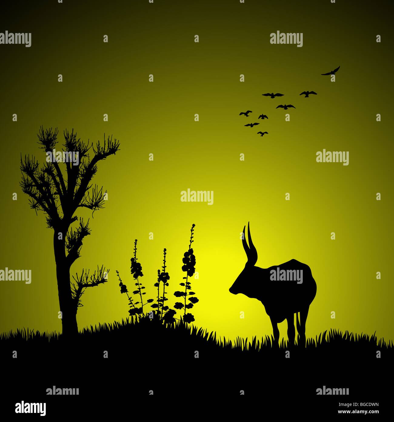 Silhouette eines Hirsches mit Dschungellandschaft Stockfoto