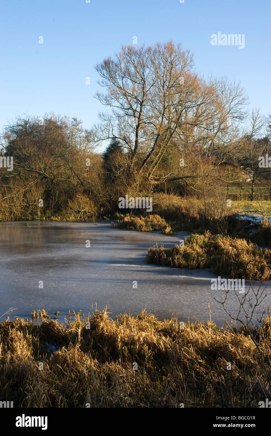 Winterlandschaft mit vereist See, (Christmas Day 2009 in Paulton, Bristol, Somerset) Stockfoto